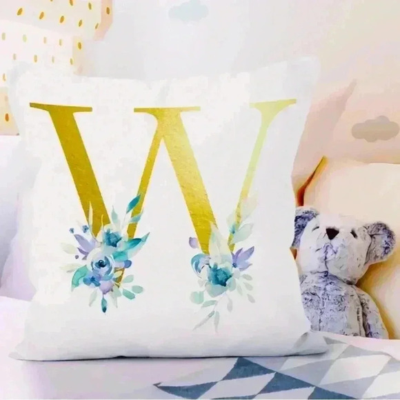 Pillow Covers 18x18” 1 pc W Alphabet Linen White/Gold W Blue Floral Boho Cottage - Picture 3 of 16